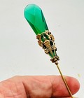 Uncommon Antique Hatpin Spring Green Faceted Tear Guarded Four Mythical Beasts