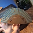 Blue Brown Paper Hand Fan With Wooden Frame And Floral Design