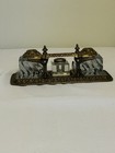 Solid Brass Antique Double Inkwell Pen Tray With Heavy Glass Inkwells
