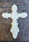Cross Wall Hanging Cast Iron Metal Religious Scrolled Rustic Off White  12 X 9