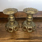 Vintage Pair Japan Brass Candle Holders Heavy Ornate Patina Decor
