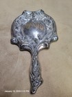 Antique Art Nouveau Silverplate Hand Mirror Floral Clover Vanity 10 5   