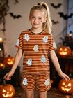 Girls Halloween Outfit 2 Pieces Sequin Ghost Shirt And Short Set Spooky Tee
