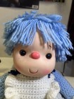 Vintage Hand Crocheted Blue Doll 20    Plush Yarn Hair