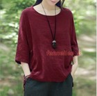 Womens Solid Flax Blend Tops Pullover Long Sleeve Crew Neck Casual Shirts Retro