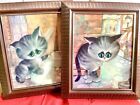 Vintage Keane Big Eye Cat Picture Set 60s Pity Kitty Sad Animal Framed Print Vg