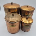 Vintage Copper Kitchen Canisters 4 Piece Set Brass Labels Flour Sugar Coffee Tea