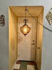 Vintage 1960 s Retro Atomic Amber Scalloped Glass Hanging Swag Lamp mcm