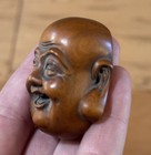 Antique vintage Signed Asian Japanese Carved Wood Buddha Head Mask Netsuke L