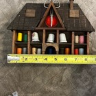 Vintage Original Wooden House-shaped Thimble Shelf 3 Thimbles Thread Pin Cushion
