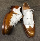 Handmade Men Brown And White Leather Brogue Wingtip Moccasin Shoes With Fringes