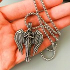 Saint St Michael Archangel Wings Cross Pendant Necklace   Stainless Steel Chain