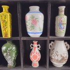 Vtg Miniature Porcelain Vase Collection Wood Shadow Box Shelf 12 Pc Japan Taiwan