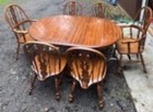 8 Pc Oak Farmhouse Vintage Dining Table Set W  6 Fiddleback Windsor Chairs
