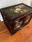 Vintage Dark Wood Storage Trunk Featuring Hand-painted Flowers Has Scratches