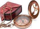 Antique  Nautical Sundial Compass Brass And Chain Gif Pocket Locket Leather Case
