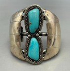 Large Vintage Two Stone Turquoise   Sterling Silver Bracelet     Statement Cuff