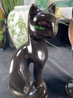 Vintage Pair Sleek Black Ceramic Cat Figures W Green Eyes L