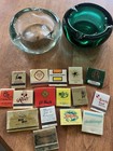2 Heavy Handblown Vintage Glass Ashtrays W vintage Matches Round Green   Clear