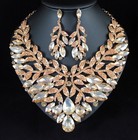 Large Leaves Austrian Crystal Rhinestone Bib Necklace Earrings Set Prom N950