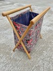 Vtg Knitting Sewing Caddy Basket Yarn Bag Folding Wood Frame Floral Flowers Nl