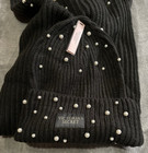 Victoria   s Secret Black Ribbed W  Pearls Beanie Hat Cozy Scarf Set 2 Pc