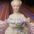 Vintage Porcelain Half Doll Pin Cushion W  Blue Lavendar Cream Lace Skirt Vgvc