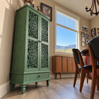 55  Tall Antique Green Carved Storage Cabinet 2-door Drawer Farmhouse Accent