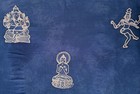 Batik On Blue Half Sarong  Rayon  Hindu Deities  20 X 62   Fringed  Indonesian