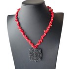 Vtg Chinese  good Luck  Square Black Cinnabar Pendant Necklace Carved Red Agate