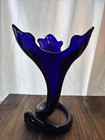 Hand Blown Art Glass Vase Vintage Cobalt Blue Mid-century Swirl Base
