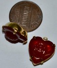 Vintage 2 Carnelian Glass With Scarab  Hearts Bead Pendants In Brass 15mm Hearts