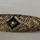 Vintage Art Deco Style Gold Tone Filigree Black Enamel Rhinestone Bar Pin Brooch