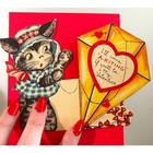 Vintage 1930s Mechanical Valentine Card     Cat Flying Kite  Made In Usa