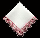 Antique Vintage White Linen Pink Torchon Bobbin Lace Handmade Handkerchief Hanky