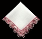 Vintage Pink Scalloped Torchon Bobbin Lace Trim White Linen Handkerchief Hanky