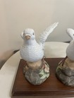 Vintage White Dove Figurines Pair Hand Painted Ceramic Birds On Wood Base