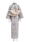 Japanese Yukata Women 2-piece Set Gray White Floral Cotton Heko Obi Japan New