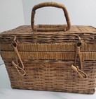 Vintage Small Woven Wicker Picnic Sewing Storage Basket Closure Handles Boho
