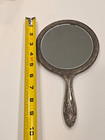 Vtg Hand-held Vanity Mirror Silver Plated Floral Ornate Victorian Design Heavy
