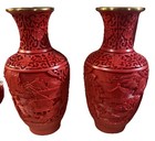 Vintage Chinese Lacquer Carved Red Cinnabar Vases Asian Decor