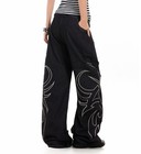 Women s Black Denim Jeans Straight Leg Casual Pants Floral Printed Retro Pockets