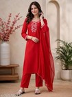 3 Pcs Red Rayon Cotton Embroidered Work Kurta Pant Dupatta Set For Women Gift