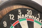 Barrel Head Dart Board Set   Rustic Whiskey Or Wine Barrel Lid Dartboard