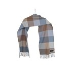 100  Cashmere Scarf Made In Germany Blue Tan Plaid Check Hand Tailored Fringe