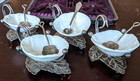 Open Salt Cellar Dips Norton White Sterling Leaf Holders Spoons London  C1889