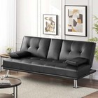 Modern Faux Leather Futon With Cupholders And Pillows Couch Sofa Bed Futon Black