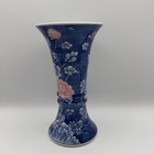 Vintage Signed Chinese Blue White Porcelain Gu Vase Pink Floral Chinoiserie