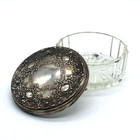 Vintage Glass Powder Trinket Jar With Ornate Silver-plated Mirror Lid 4 
