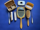 Art Deco Celluloid Vanity Set 9 Pc Amber Cream Mirror Brush Boxes Nail Buffer